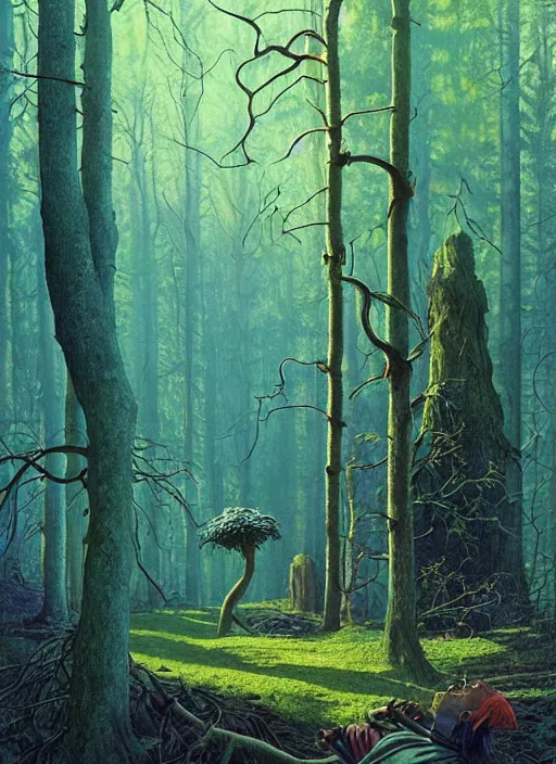 Image similar to hyper realistic witch modem with mood lighting and tech in the woods gorgeous lighting, blue sky, highly detailed, lush forest foliage painting by zdzisław beksinski and norman rockwell and greg rutkowskiweta studio, and lucasfilm