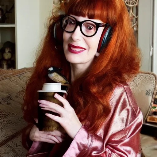 Image similar to a stunning hyper-detailed portrait photo of a beautiful bespectacled woman with long auburn hair and bangs, dressed in a luxurious silk robe, wearing futuristic headphones and posing with raccoons and parrots in an overstuffed easy chair in her sunlit living room, holding a coffee mug decorated with raccoons, and holding a strawberry-glazed donut and smoking an elaborate hookah, perfect eyes, octane render, unreal engine, 85 mm lens,