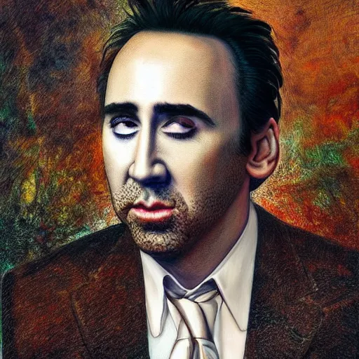 Image similar to Drinking from bottle liquid with face Nicolas Cage, Surrealism, Surreal drawing, Digital art, from artstation, art by Salvador Dali