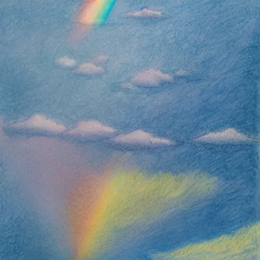 Prompt: etching peaceful by makoto shinkai, by donna huanca. a beautiful drawing of a sailboat sailing on a sea of clouds, with a rainbow in the background. the sailboat is crewed by a group of monkeys, & the sails are billowing in the wind.