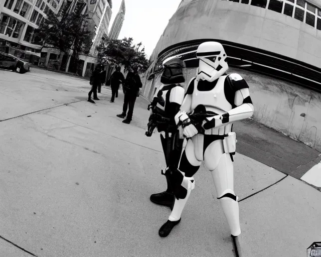 Prompt: helmet cam, stormtroopers apprehending a suspect in Detroit, grainy, fish eye lens, black and white, night vision, cdx