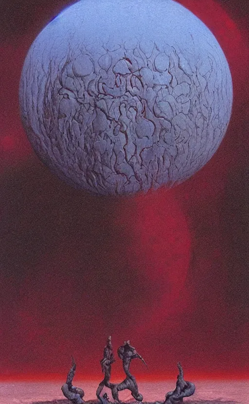 Image similar to meditation on the background of a huge crimson moon, by wayne barlowe