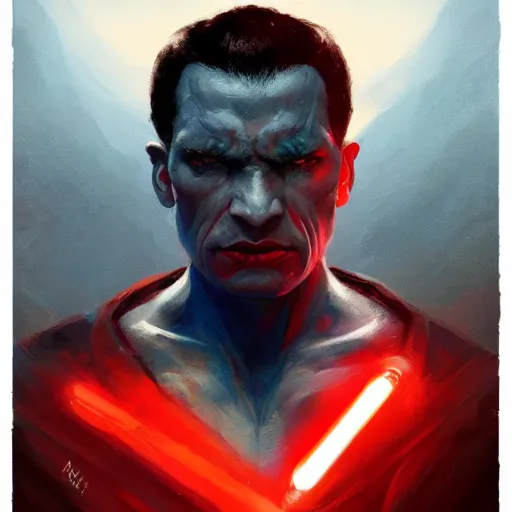 Image similar to A portrait of blue-skinned man, red eyes, black hair with widows peak, angry, dramatic lighting, star wars art, art by greg rutkowski, matte painting, trending on artstation