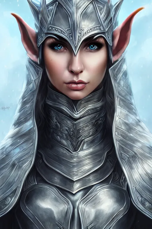Image similar to head and shoulders portrait of an eldritch knight, elf, beautiful, female, breastplate, magical, high fantasy, d & d, by artgerm, face details, extremely detailed, digital illustration