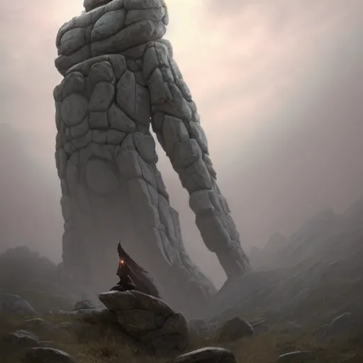 Image similar to stone humanoid colossus by grzegorz rutkowski and richard wright and peter mohrbacher and dan scott, atmospheric haze, stormy, tundra, tiny woman in cloak in foreground silhouette, large scale