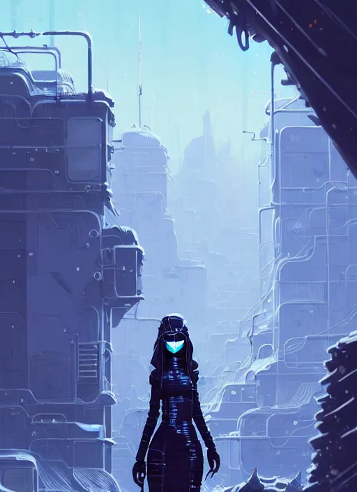 Image similar to highly detailed portrait of wasteland punk long curly white icey shard hair cyber ninja lady, stray wiring by atey ghailan, james gilleard, by joe fenton, by greg rutkowski, by greg tocchini, by kaethe butcher, 4 k resolution, gradient blue, cyan, black and white color scheme!!! ( ( snowy glaciated robotic dystopian city background ) )