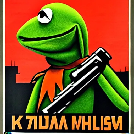 Prompt: Kermit holding a Kalashnikov rifle, side profile, two tone, propaganda poster, oppressive, weathered poster, very detailed, stark, cold war aesthetic