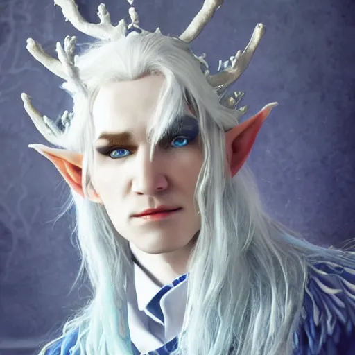 Image similar to the frightening archfey called'the prince of frost ', fantasy, white hair, blue skin, middle - age, elf, crown, trending on cgsociety