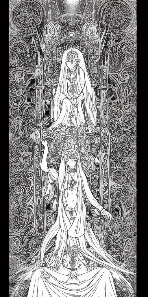 Image similar to a mystical woman priestess sitting on a throne, the divine feminine, drawn by studio UFOTABLE, fine line work