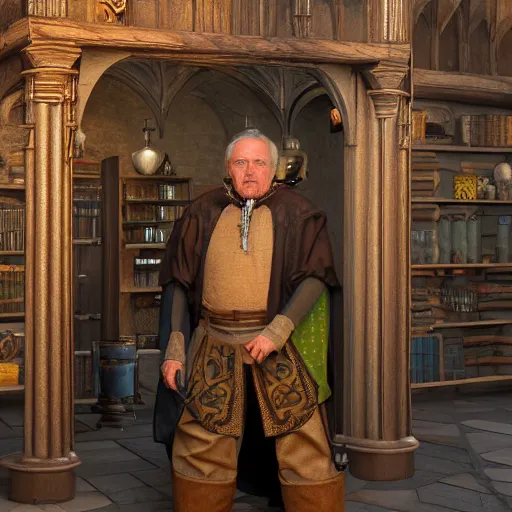 Prompt: full body portrait of Dennis hopper as a devious medieval lord standing on the right inside a big medieval Shop with tall windowpane, shelves full of medieval goods, morning light, trending on artstation, style of midjourney, unreal engine, octane render, intricate details, 8k high definition, beauriful, ornate, hyperrealistic