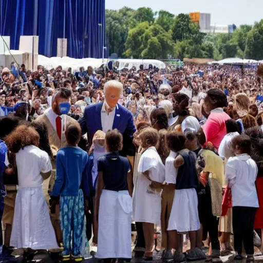 Prompt: Joe Biden giving out monkey pox vaccine to thousands of people in a line photo