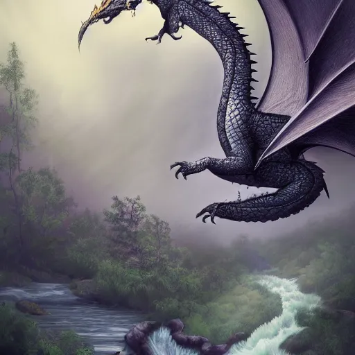 Image similar to peaceful dragon in a beautiful, misty forest, leaning over a steep hill, elongating its neck to sip water from the flowing, turbulent river, trending on artstation, intricately defined, complexly detailed, robustly ordinated, 4 k quality, digital art
