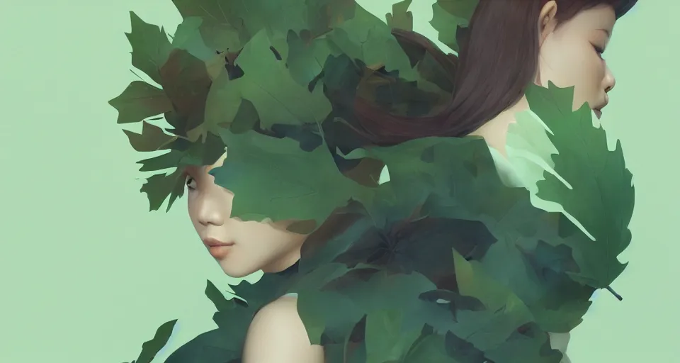 Image similar to asian female wearing leaf costume, contrast lightning, rough dark background, art by dannylailai on artstation, by hsiao ron cheng