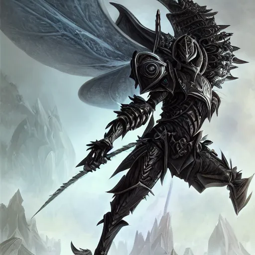 Image similar to portrait of humanoid mosquito resembling a knight in black monstrous armor with two dragonfly wings, league of legends splash art, hearthstone splash art, full body shot, rule of thirds, ultrafine hyperrealistic detailed face, artgerm, greg rutkowski, trending on artstation, 8 k, intricately detailed, highly detailed