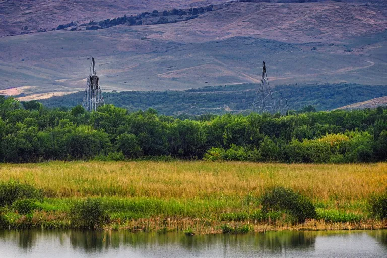 Image similar to a hill with a radio tower next to a pond, hills in background. telephoto lens photography.