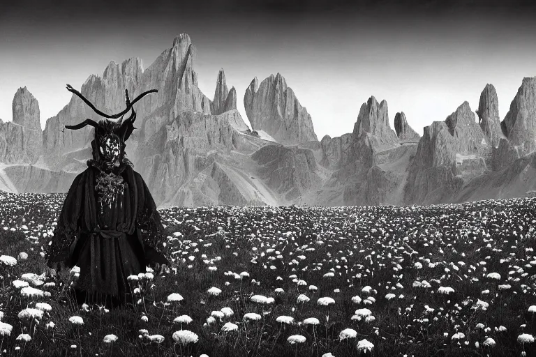 Image similar to portrait of a tyrolean folklore mask, dark, eerie , wearing hay coat, with horns, eerie, flowers growing out of his body, dolomites in the background, detailed intricate insanely detailed octane render, 8k, artistic 1920s photography, vintage photo, black and white, photorealistic, chiaroscuro, by David Cronenberg, Raphael, Caravaggio