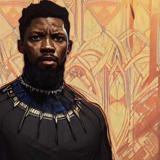 Image similar to Gavin McInnes in Black Panther, portrait art by alphonse mucha and greg rutkowski, highly detailed, digital painting, concept art, illustration, dim lighting with twilight rays of sunlight, trending on artstation, very detailed, smooth, sharp focus, octane render