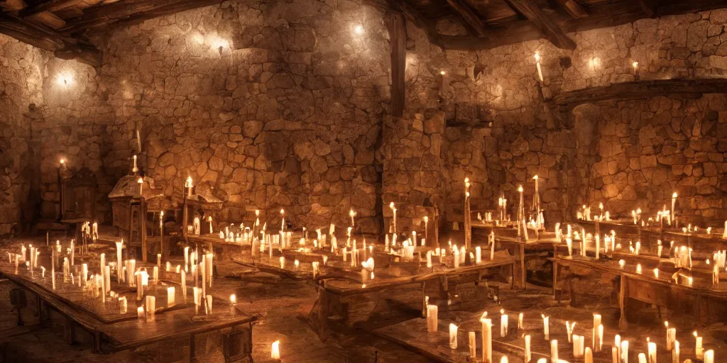 Image similar to Hyper realistic photo of a medieval armory, lit candles, 4k