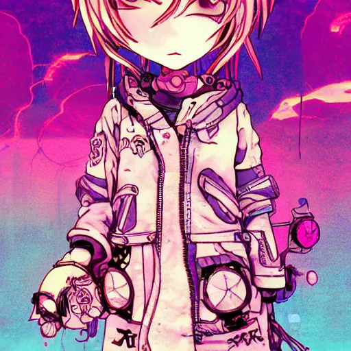 Prompt: portrait of a grungy skull anime and chibi very cute doll by super ss, cyberpunk fashion, nendoroid, kawaii, curly pink hair, night sky, looking up, swirly clouds, neon yellow stars, by wlop, james jean, victo ngai! muted colors, highly detailed, fantasy art by craig mullins, thomas kinkade