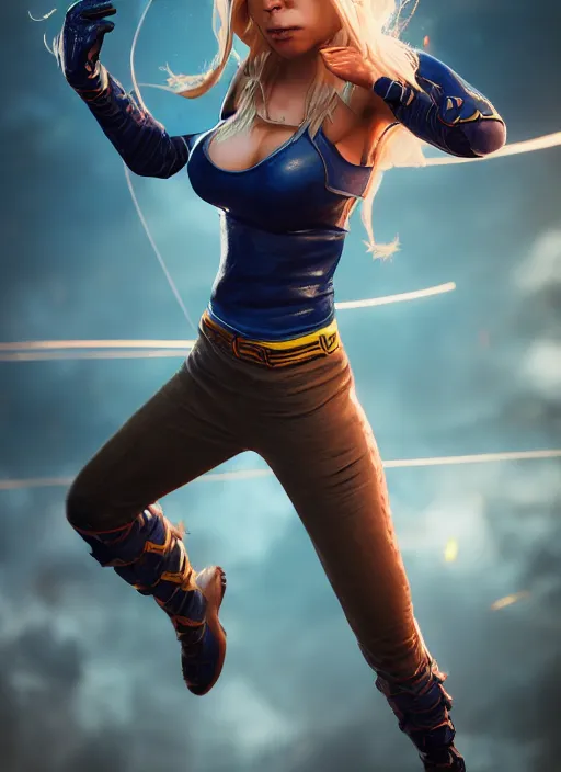 Image similar to An epic fantasy comic book style portrait painting of an athletic female thief with blonde hair dancing, unreal 5, DAZ, hyperrealistic, octane render, cosplay, RPG portrait, dynamic lighting, high detail