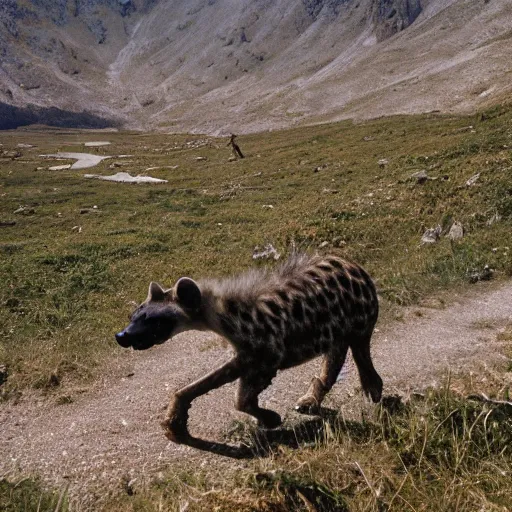 Image similar to national geographic photograph, a hyena walking through a pyrenean landscape where there is a lake