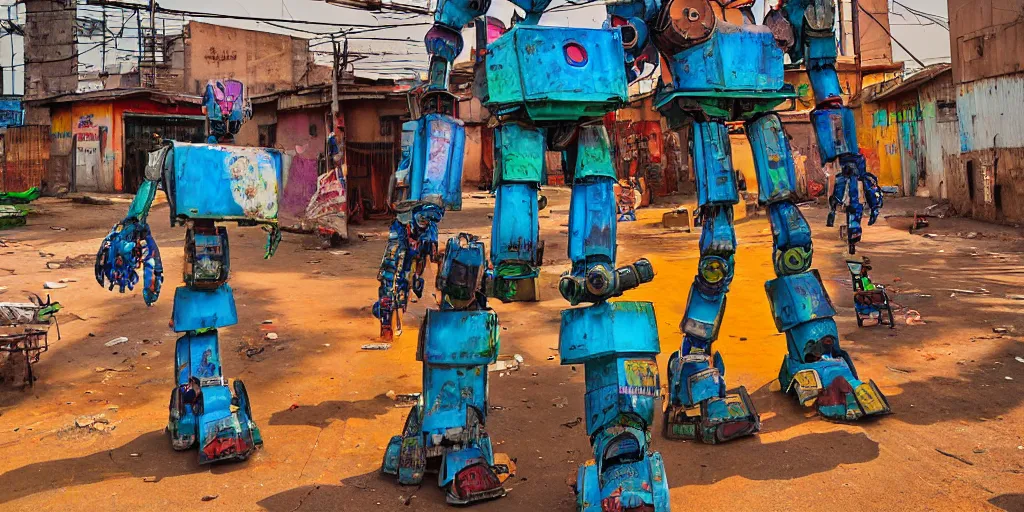 Prompt: colourful - damaged - giant mecha ROBOT of AJEGUNLE SLUMS (neon lit) of Lagos, markings on robot, Golden Hour,