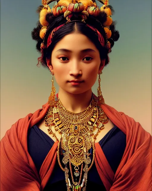 Prompt: photo of a gorgeous young tribal woman wearing elaborate baroque jewelry and rococo ornaments in the style of stefan kostic, realistic, sharp focus, symmetric, 8k high definition, insanely detailed, intricate, elegant, art by stanley lau and artgerm, William-Adolphe Bouguereau