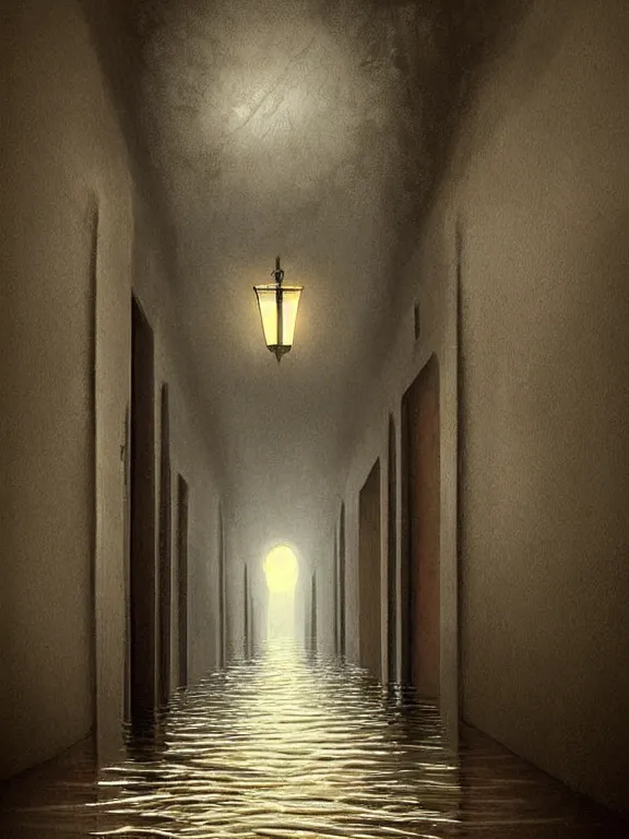 Prompt: A beautiful digital painting of a unending hallway spooky flooding by Benoit B. Mandelbrot, Steven Belledin, Martin Johnson Heade, Lee Madgwick, and Caspar David Friedrichl 8k artstation