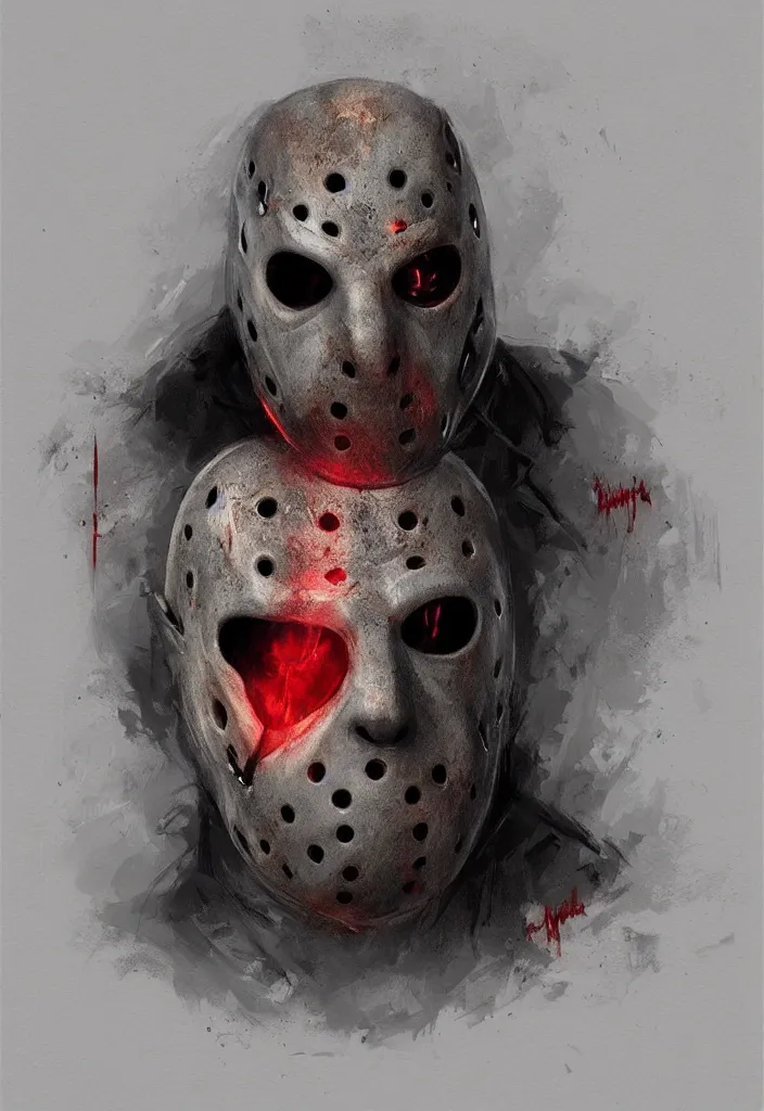 Prompt: portrait of jason voorhees by greg rutkowski, evil energy, dantes inferno, highly detailed portrait, digital painting, artstation, concept art, smooth, sharp foccus ilustration, artstation hq