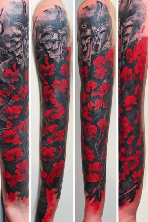 Prompt: tattoo concept, poppy, spine, red, black, fine line