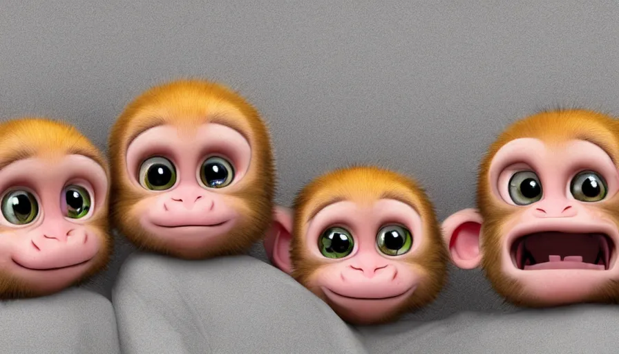 Image similar to very very very cute baby monkeys by Max Kostenko and Bobby Chiu, photoreal, wow, red nose studio, psychonauts, psychonauts 2, character design for animation, uplight, a lineup of characters, symmetrical eyes, cuteness, 3d render, octane rendered, rendered in maya and houdini, highly detailed, unreal engine, Trending on Artstation, octane render, 4k, 8k, HD