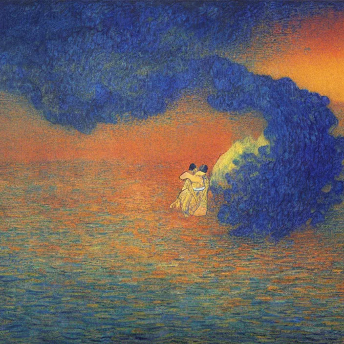 Image similar to close view of woman and man kissing at the edge of the ocean with tsunami great wave sun setting through the storm clouds. lapis - lazuli. iridescent, vivid psychedelic colors. painting by jean delville, ciurlionis mikalojus konstantinas, schiele, henri de toulouse - lautrec, utamaro, monet