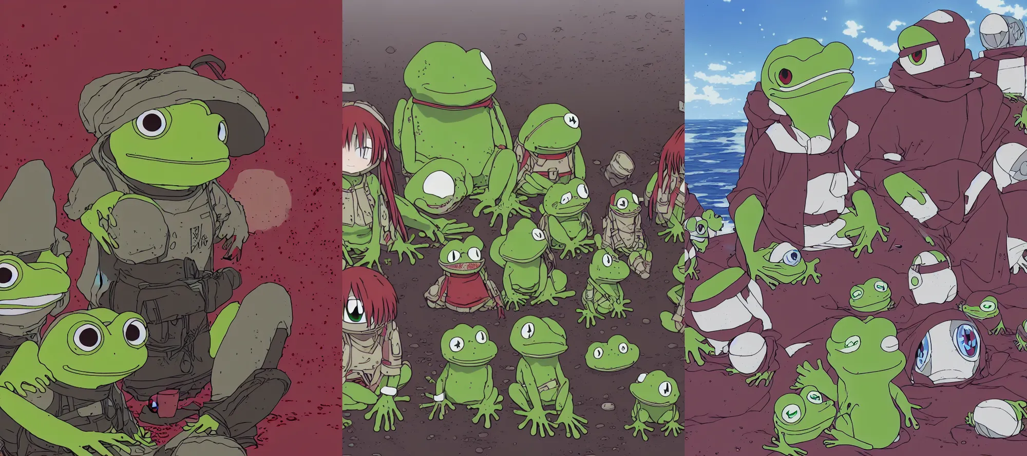 Prompt: resolution 4k made in abyss design Akihito Tsukushi design body pepe the frog war bloody war wounded frogs sea of blood Cold war S.T.A.L.K.E.R a bloody conflict visceral military sitting by an ocean of blood the group of pepes sitting at the shore dream like end of evangelion , fractals , pepe the frogs at war, art in the style of and Oleg Vdovenko and Akihito Tsukushi ,Stefan Koidl