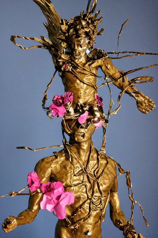 Image similar to papercraft scene made entirely of pipecleaners and crumpled foil of Jean-Michel Basquiat as a full-body bronze baroque statue of Icarus in the posing like a bird for flight, crown of peach roses, flowing pink-colored silk, fabric, flowers. baroque elements, human skull. full-length view. baroque element. intricate artwork by caravaggio. many many birds birds on background. Trending on artstation, octane render, cinematic lighting from the right, hyper realism, octane render, 8k, depth of field, 3D