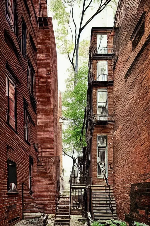 Image similar to (((((a ramshackle manhattan brick brownstone deep in the forest))))) by Roberto Gatto!!!!!!!!!!!!!!!!!!!!!!!!!!!