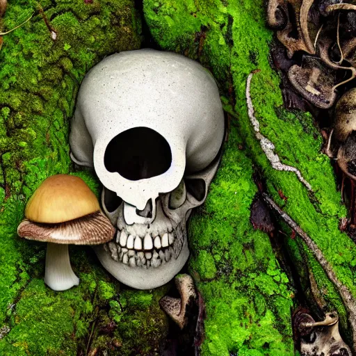 Prompt: a fractured skull with mushrooms growing through the cracks, mossy, in the forest