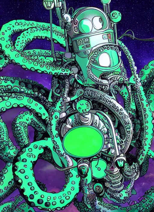 Image similar to robotic cyborg octopus in the space rocket 4 k, vaporwave style, green helmet, super detailed photorealistic, art by akihiko yoshida