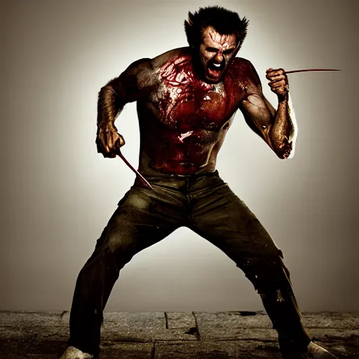 Image similar to the wolverine, scream, zombie, full body shot, butcher by yousuf karsh, golden hour, realistic, body shot, sharp focus, 8 k high definition, insanely detailed, intricate, elegant