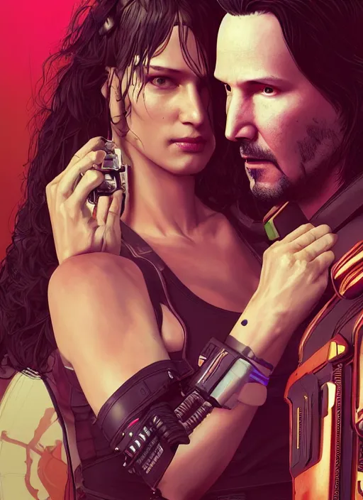 Image similar to a cyberpunk 2077 couple portrait of Keanu Reeves&female android in kiss,love,film lighting,by Laurie Greasley,Lawrence Alma-Tadema,Dan Mumford,artstation,deviantart,FAN ART,full of color,Digital painting,face enhance,highly detailed,8K,octane,golden ratio,cinematic lighting