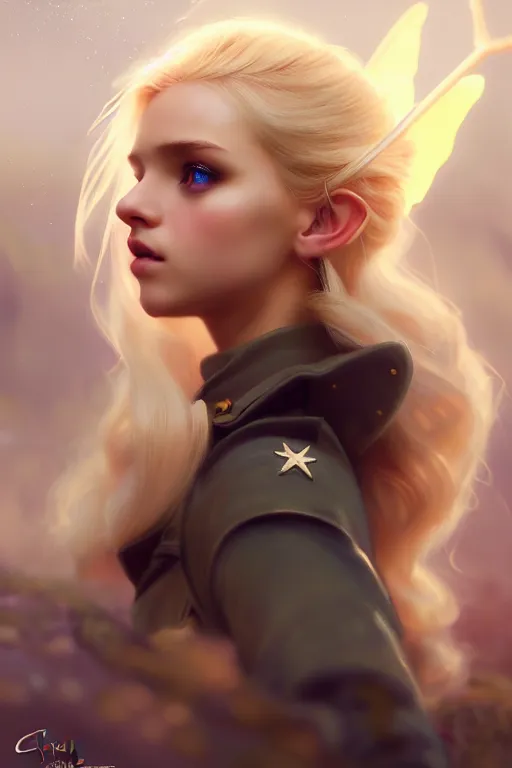 Image similar to cinematic shot of an epic portrait of a cute blonde fairy dressed in military clothes, stylised military clothes, shiny skin, beautiful eyes, beautiful, small details, night setting, realistic poster with volumetric light from craig mallism, artgerm, jeremy lipkin and michael garmash, unreal engine, radiant light, digital art, trends at art station, a masterpiece