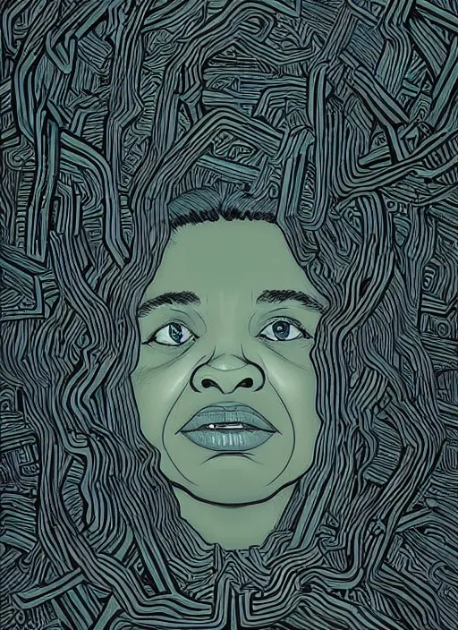 Prompt: poster artwork by Michael Whelan and James Jean, of Octavia Spencer has a voice in her head, reality is a labyrinth, psychological thriller from scene from Twin Peaks, clean, simple illustration, nostalgic, domestic, full of details