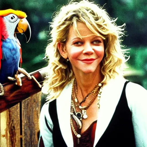 Prompt: Meg Ryan dressed as a pirate 🦜 with a wooden leg and a parrot on her shoulder and an eye patch on a pirate ship