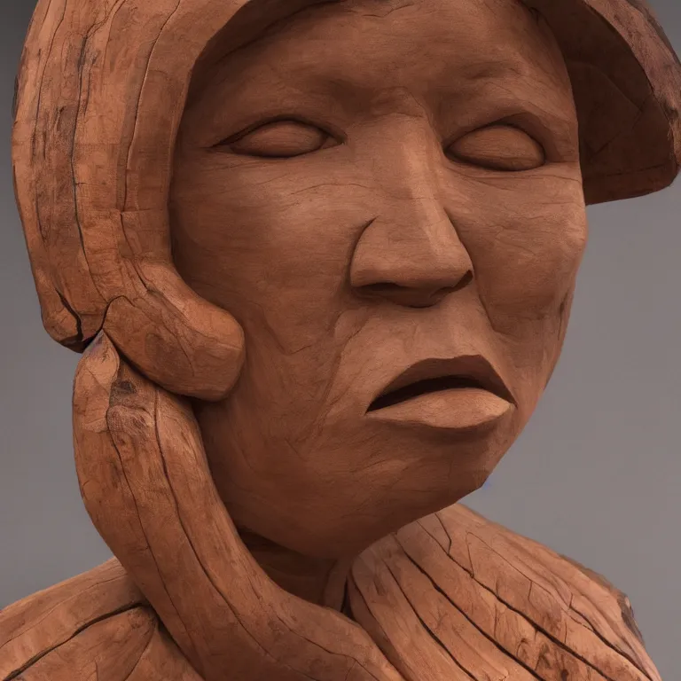 Prompt: public sculpture minimalist portrait of a powerful navajo woman, beautiful symmetrical face accurate face detailed face realistic proportions, carved out of juniper wood on a pedestal by stephan balkenhol and martin puryear, hyperrealistic dramatic lighting shocking detail trending on artstation 8 k