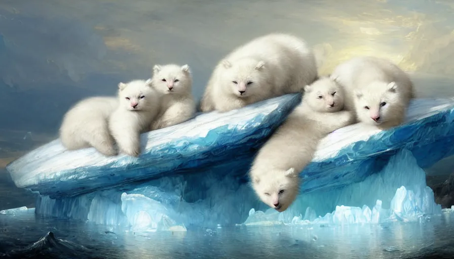 Image similar to highly detailed painting of cute furry white baby bear cats cuddling into each other on a blue and white iceberg by william turner, by greg rutkowski, by william constable, thick brush strokes and visible paint layers, 4 k resolution