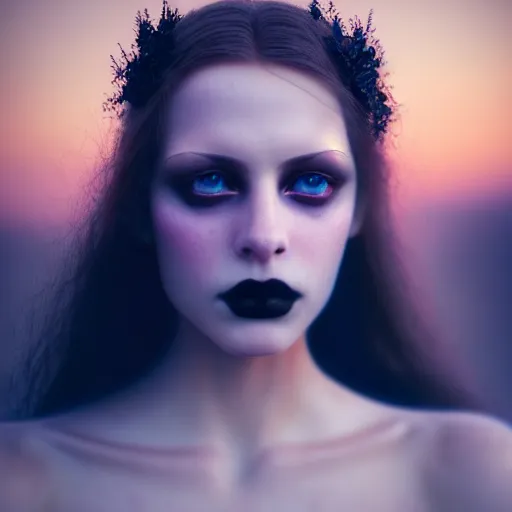 Image similar to photographic portrait of a stunningly beautiful gothic female in soft dreamy light at sunset, contemporary fashion shoot, by edward robert hughes, annie leibovitz and steve mccurry, david lazar, jimmy nelsson, breathtaking, 8 k resolution, extremely detailed, beautiful, establishing shot, artistic, hyperrealistic, beautiful face, octane render