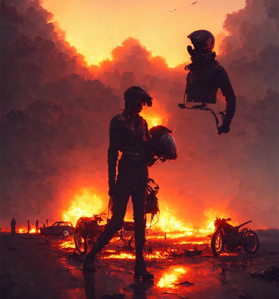 Image similar to a ultradetailed beautiful panting of post apocalyptic biker with helmet in front of crashed airplane burning, by ilya kuvshinov, greg rutkowski and makoto shinkai, trending on artstation