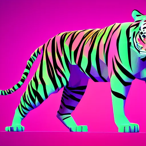 Prompt: ultra low low poly visible polygons stylized render of a tiger animal full body render vaporwave blue and pink neon