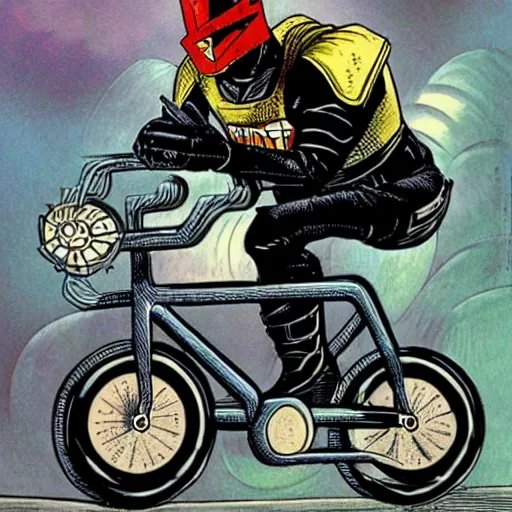 Image similar to judge dredd riding a bicycle in style of futurism