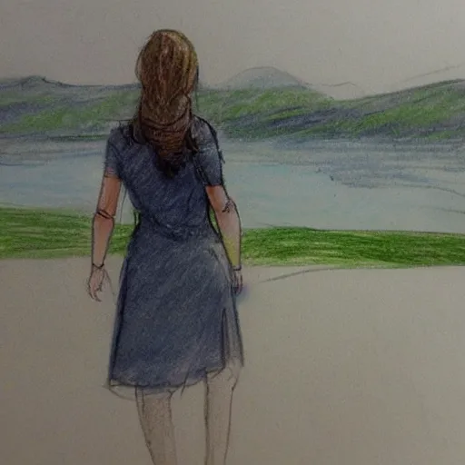 Prompt: a sketch drawing, she looks at the lake, it's raining, many clouds, trending on artstation