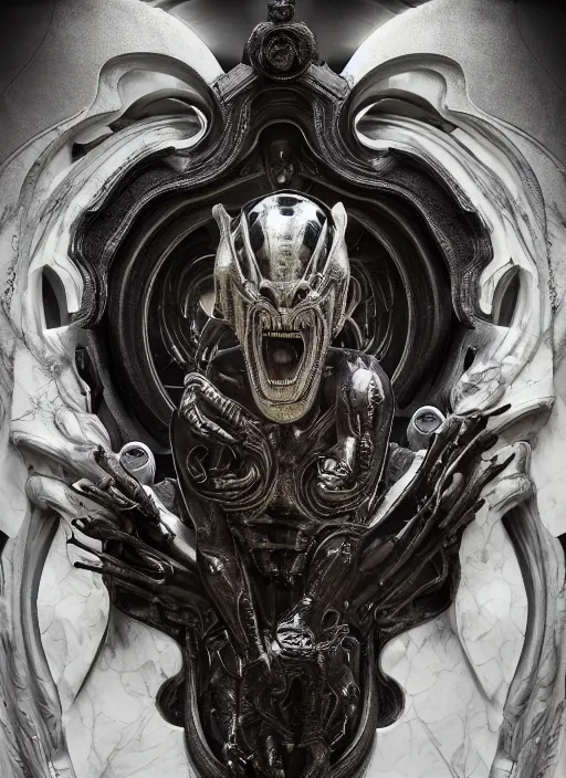 Image similar to engineer prometheus, xenomorph alien, highly detailed, symmetrical long head, smooth marble surfaces, detailed ink illustration, raiden metal gear, cinematic smooth stone, deep aesthetic, concept art, post process, 4k, carved marble texture and silk cloth, latex skin, highly ornate intricate details, prometheus, evil, moody lighting, hr geiger, hayao miyazaki, indsutrial Steampunk